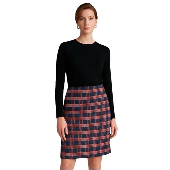 St. John Collection Navy and Coral Pink Plaid Pencil Skirt...